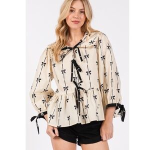 "The Moxie" Cream & Black Tie Front Bow Top